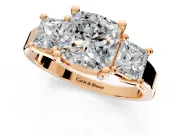 3 Stone Engagement Ring Setting for Cushion Cut Center with Matching Side Accents and Prong Head in Rose Gold