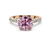 Baguette Engagement Ring Setting for Fancy Pink Round Cut Center with Alternating Bar-Set Band and Prong Head in Rose Gold