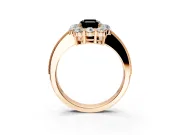 Halo Engagement Ring Setting for Fancy Black Emerald Cut Center with Milgrain Channel Band and Prong Head in Rose Gold