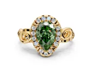Halo Engagement Ring Setting for Fancy Green Pear-Shaped Center with Open Scroll Shoulders and Prong Head in Yellow Gold