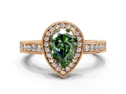 Milgrain Halo Engagement Ring Setting for Fancy Green Pear-Shaped Center with Wide Pave Band and Prong Head in Rose Gold