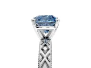 Solitaire Engagement Ring Setting for Fancy Blue Cushion Cut Center with Milgrain X Pattern Band and Prong Head in Platinum