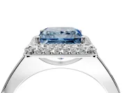 Halo Engagement Ring Setting for Fancy Blue Princess Cut Center with Plain Tapered Band and Prong Head in Platinum