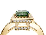Halo Engagement Ring Setting for Fancy Green Radiant Cut Center with Metal-Rimmed Halo, Pave Band and Prong Head in Yellow Gold