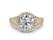 Halo Engagement Ring Setting for Round Cut Center with Pave Split Shank and Prong Head in Yellow Gold
