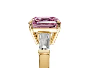 3 Stone Engagement Ring Setting for Fancy Pink Asscher Cut Center with Baguette Accents and Prong Head in Yellow Gold