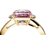 3 Stone Engagement Ring Setting for Fancy Pink Asscher Cut Center with Low-Set Round Cut Accents and Prong Head in Yellow Gold