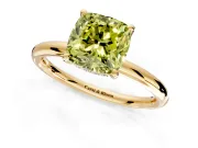 Hidden Halo Engagement Ring Setting for Fancy Yellow Cushion Cut Center with Thin Rounded Band and Prong Head in Yellow Gold