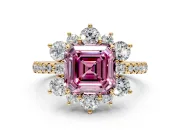 Floral Halo Engagement Ring Setting for Fancy Pink Asscher Cut Center with Pave Accents and Prong Head in Yellow Gold