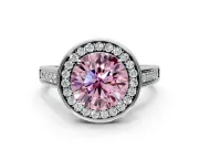 Halo Engagement Ring Setting for Fancy Pink Round Cut Center with Outer Bezel Rim, Pave Band and Prong Head in White Gold