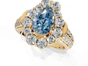 Large Accent Halo Engagement Ring Setting for Fancy Blue Pear-Shaped Center with Pave Split Shank and Prong Head in Yellow Gold
