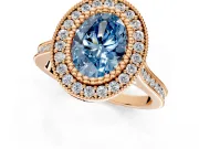 Halo Engagement Ring Setting for Fancy Blue Oval Center with Milgrain Frame, Pave Band and Prong Head in Rose Gold