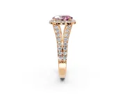 Halo Engagement Ring Setting for Fancy Pink Oval Center with Narrow Pave Split Shank and Prong Head in Rose Gold