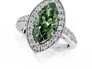 Bezel-Framed Halo Engagement Ring Setting for Fancy Green Marquise Center with Pave Band and Prong Head in Platinum