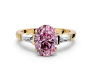 3 Stone Engagement Ring Setting for Fancy Pink Oval Center with Baguette Accents and Prong Head in Yellow Gold