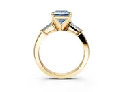 3 Stone Engagement Ring Setting for Fancy Blue Princess Cut Center with Channel Baguette Accents and Prong Head in Yellow Gold