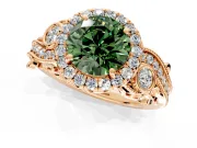 Milgrain Halo Engagement Ring Setting for Fancy Green Round Cut Center with Shoulder Bezels and Prong Head in Rose Gold