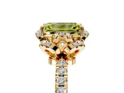 Halo Engagement Ring Setting for Fancy Yellow Emerald Cut Center with Openwork Halo, Pave Band and Prong Head in Yellow Gold