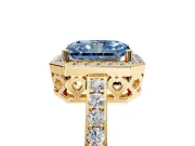 Halo Engagement Ring Setting for Fancy Blue Radiant Cut Center with Heart-Shaped Openwork, Pave Band and Prong Head in Yellow Gold