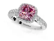 Halo Engagement Ring Setting for Fancy Pink Cushion Cut Center with Full Pave Band and Prong Head in Platinum