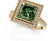 Halo Engagement Ring Setting for Fancy Green Princess Cut Center with Milgrain Pave Band and Bezel Head in Yellow Gold
