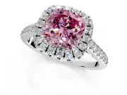 Halo Engagement Ring Setting for Fancy Pink Cushion Cut Center with Raised Halo, Pave Band and Prong Head in Sterling Silver