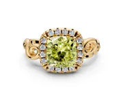 Halo Engagement Ring Setting for Fancy Yellow Cushion Cut Center with Open Scroll Shoulders and Prong Head in Yellow Gold