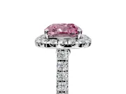 Halo Engagement Ring Setting for Fancy Pink Cushion Cut Center with Narrowing Pave Band and Prong Head in Platinum