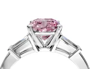 3 Stone Engagement Ring Setting for Fancy Pink Cushion Cut Center with Channel Baguette Accents and Prong Head in Platinum