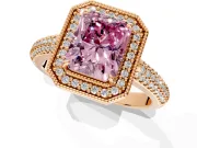 Milgrain Halo Engagement Ring Setting for Fancy Pink Radiant Cut Center with Three-Sided Pave Band and Prong Head in Rose Gold