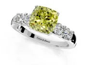 5 Stone Engagement Ring Setting for Fancy Yellow Cushion Cut Center with Plain Band and Prong Head in Platinum