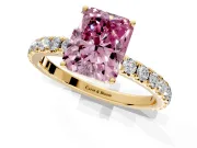 Solitaire Engagement Ring Setting for Fancy Pink Radiant Cut Center with Large Accent Band and Prong Head in Yellow Gold