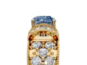 Pave Engagement Ring Setting for Fancy Blue Cushion Cut Center with Curved Accent Rows, Openwork and Prong Head in Yellow Gold