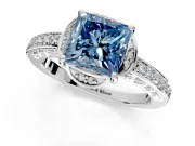 Floral Engagement Ring Setting for Fancy Blue Princess Cut Center with Four Accent Clusters and Prong Head in Platinum