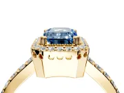 Halo Engagement Ring Setting for Fancy Blue Emerald Cut Center with Inner Milgrain Border and Prong Head in Yellow Gold