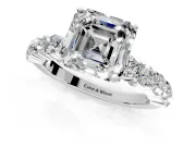 Shared-Prong Engagement Ring Setting for Asscher Cut Center with Graduated Accents and Prong Head in White Gold