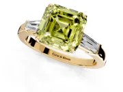 3 Stone Engagement Ring Setting for Fancy Yellow Asscher Cut Center with Baguette Accents and Prong Head in Yellow Gold