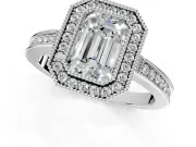 Halo Engagement Ring Setting for Emerald Cut Center with Milgrain Halo, Pave Band and Prong Head in Platinum