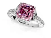 Floral Engagement Ring Setting for Fancy Pink Asscher Cut Center with Four Accent Clusters and Prong Head in Platinum