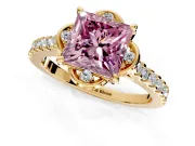 Floral Engagement Ring Setting for Fancy Pink Princess Cut Center with Pave Band and Floral Prong Head in Yellow Gold
