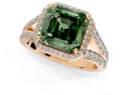 Halo Engagement Ring Setting for Fancy Green Asscher Cut Center with Narrow Pave Split Shank and Prong Head in Rose Gold