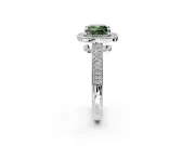 Milgrain Halo Engagement Ring Setting for Fancy Green Cushion Cut Center with Three-Sided Pave Band and Prong Head in Platinum