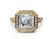 Halo Engagement Ring Setting for Asscher Cut Center with Outer Bezel Rim, Pave Band and Prong Head in Yellow Gold