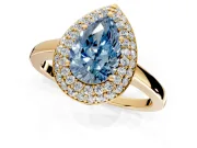 Halo Engagement Ring Setting for Fancy Blue Pear-Shaped Center with Plain Tapered Band and Prong Head in Yellow Gold