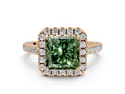 Halo Engagement Ring Setting for Fancy Green Princess Cut Center with Narrowing Pave Band and Prong Head in Rose Gold