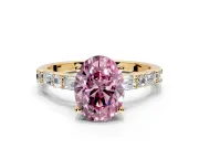 Baguette Engagement Ring Setting for Fancy Pink Oval Center with Alternating Bar-Set Band and Prong Head in Yellow Gold