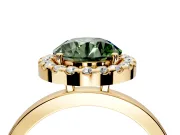 Halo Engagement Ring Setting for Fancy Green Round Cut Center with Thin Plain Band and Prong Head in Yellow Gold