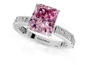 Solitaire Engagement Ring Setting for Fancy Pink Radiant Cut Center with Milgrain-Edged Pave Band and Prong Head in White Gold