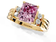 Solitaire Engagement Ring Setting for Fancy Pink Radiant Cut Center with Grooved Bar Accent Band and Prong Head in Yellow Gold