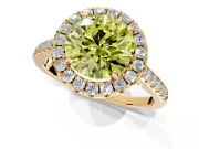 Halo Engagement Ring Setting for Fancy Yellow Round Cut Center with Narrowing Pave Band and Prong Head in Yellow Gold